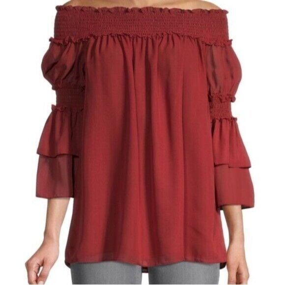 Max Studio BNWOT off shoulder smocked bell sleeve blouse women sz Small - Picture 1 of 7